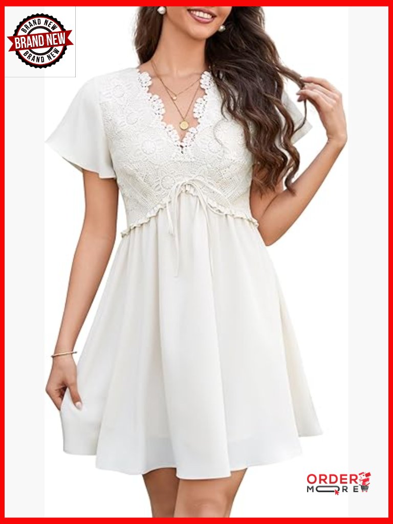 Floral Lace Deep V Neck Mini Dress With Flutter Sleeves